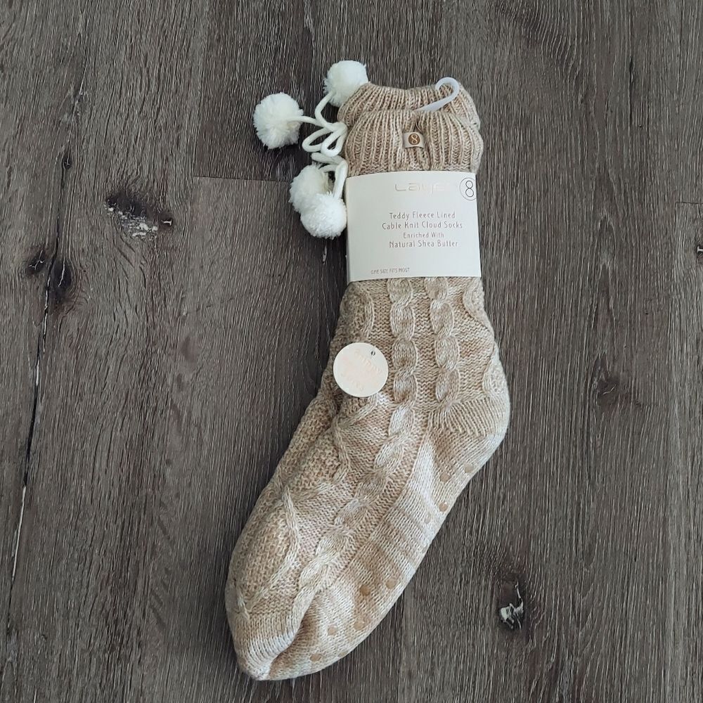 NEW Layer 8 Teddy Fleece Lined Cable Knit Cloud Socks Enriched With Shea Butter